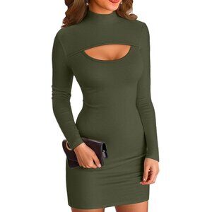 Women Z-wine Red Ribbed Knit Mock Neck Bodycon Long Sleeve Mini Pencil Dress